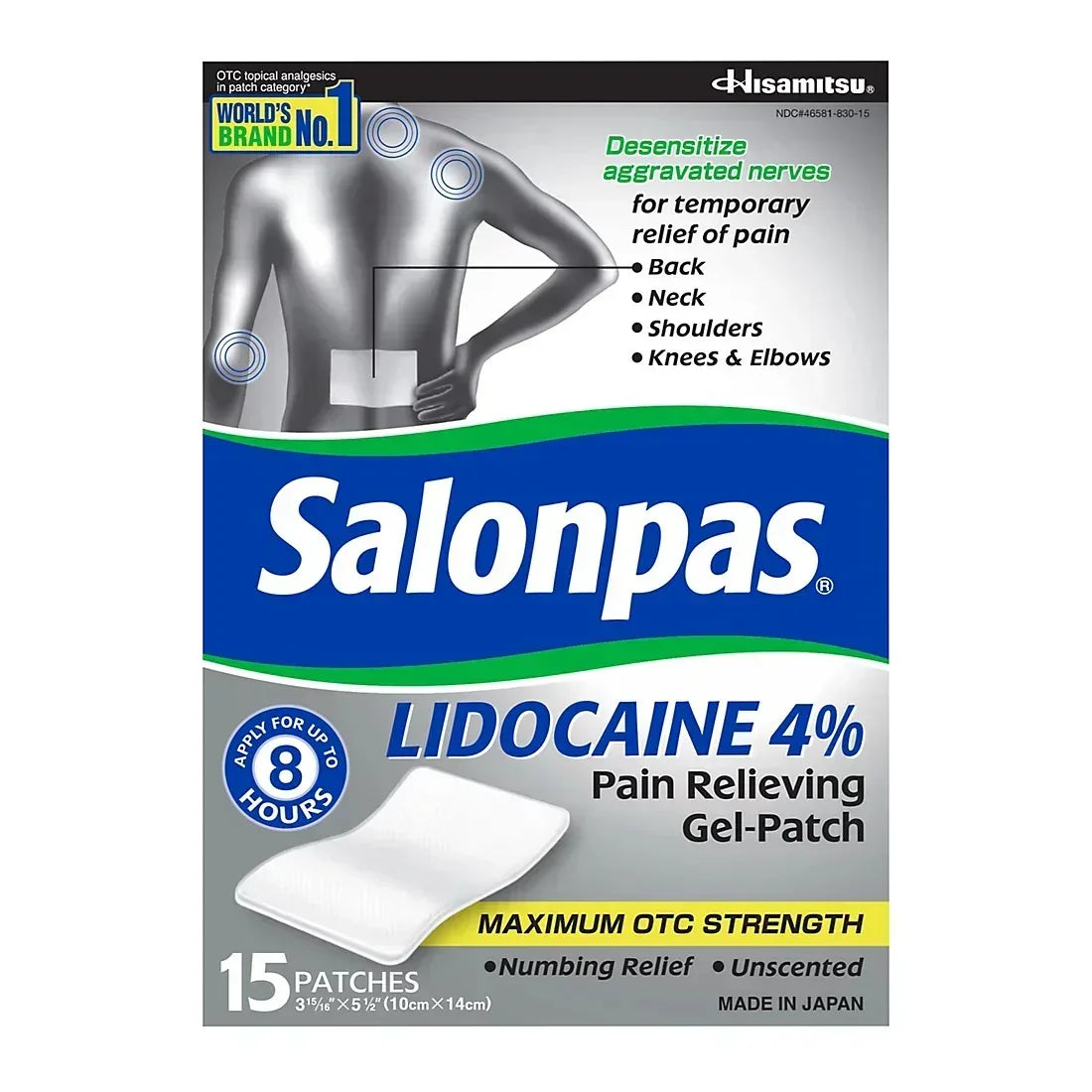 Salonpas Lidocaine 4% Pain Relieving Gel Patches, 15 Count