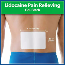Lidocaine gel patch on skin with size marks 14 x 10 cm