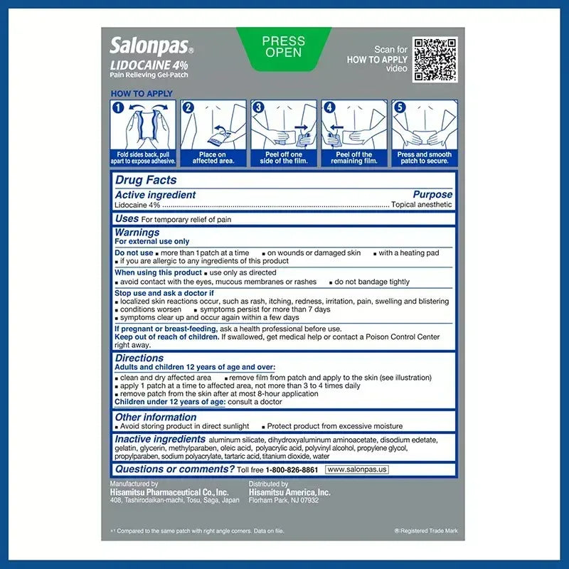 Salonpas Lidocaine 4% Pain Relieving Gel Patches, 15 Count