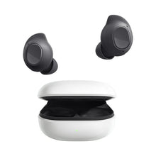 Graphite true wireless earbuds with open charging case and two earbud pieces