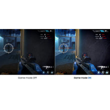IPS FHD monitor on stand showing game mode OFF and ON split screen