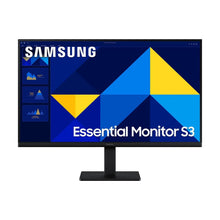 Samsung Essential Monitor S3 monitor on stand showing blue and yellow desktop