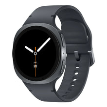 Smartwatch with dark gray silicone strap, round case and side buttons, black display
