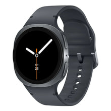Smartwatch with dark face, gray case, and gray sport band in side view