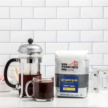 Ground coffee bag set with Bay Bridge Blend label, white paper pouches