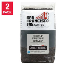 Decaf French roast whole bean coffee bag with dark coffee beans, San Francisco Bay