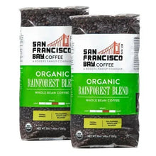 Organic rainforest blend whole bean coffee, two-pack of sealed coffee bean bags, front labels