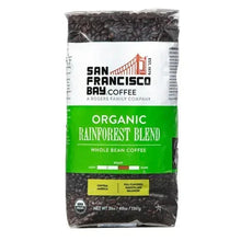 Organic rainforest blend whole bean coffee bag, front view with roast light-to-dark scale