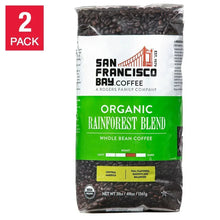 Organic rainforest blend whole bean coffee bag, front label with green band and roast scale