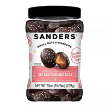 Jar of dark chocolate sea salt caramel eggs, sprinkle-coated shells, front label