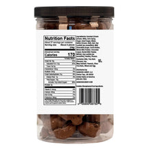 Milk chocolate pecan caramel clusters jar back with Nutrition Facts panel