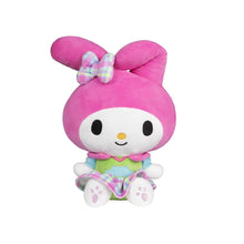 My Melody neon plush doll, pink rabbit hood with plaid bow, pastel dress and white paws