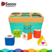 Sushi sorter toy base with smiley cups and sorting shapes shown on top
