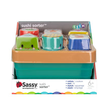 Sushi sorter toy set in box with sorter base and colorful shape pieces