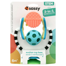 Sassy STEM sensory toy box with teal ball, pink textured roller, and suction base