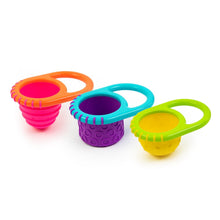 Colorful infant bath toy scoop set with four linked cups and handles