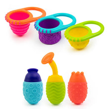 Infant bath toy set with six colorful scoop and squeeze cups with handles