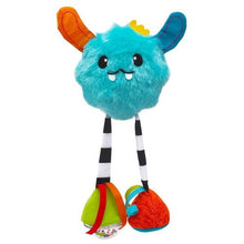 Plush blue Yeti baby toy with orange ear, striped legs, and bright fabric dangling feet