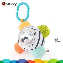 Plush zebra sensory rattle ball with teal ring handle and clear rattle beads window