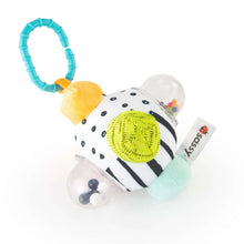 Plush zebra sensory rattle ball with teal ring handle and orange fabric accents