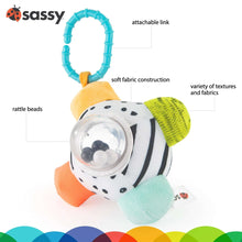 Plush zebra-striped sensory rattle ball with clear rattle window and teal handle ring