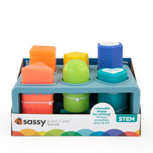 Sassy press n' pop bench in retail box with blue base and colorful blocks
