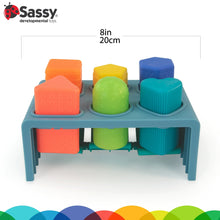 Sassy blue pop bench with colorful blocks, 8 in (20 cm) wide
