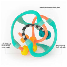 Teal and orange sensory ball with bead rails and black striped track pieces