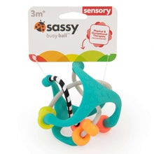 Sassy sensory busy ball toy package with teal and orange ring and bead elements