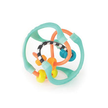Teal sensory busy ball with orange ring, black striped rail, and colorful beads