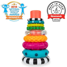 Stacking ring toy with orange, pink, teal, green, yellow and black-and-white striped rings