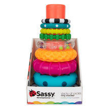 Stacking ring toy in retail box with multiple colorful textured rings on posts