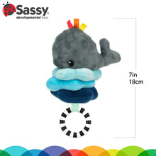 Whale plush sensory pull-down toy with hanging black-white ring and blue and grey fabric