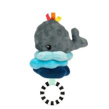 Blue and grey whale plush sensory pull-down stroller toy with hanging black-white ring