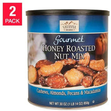 Gourmet honey roasted nut mix canister shown with 2-pack badge
