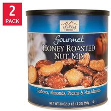 Gourmet honey roasted nut mix canister with label, cashews, almonds, pecans, macadamias