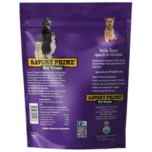 Duck jerky dog treats bag back, purple panel with feeding info and barcode