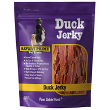 Duck jerky dog treats bag, purple front with duck jerky strips and dog silhouettes