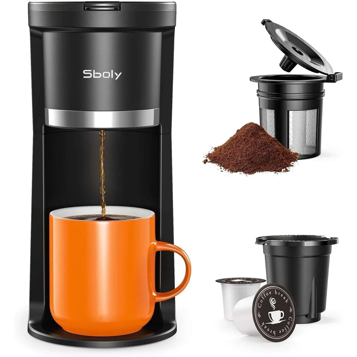 Sboly Mini Single Serve Coffee Maker, Instant Coffee Maker One Cup for K Cup & Ground Coffee, 6 to 12 oz Brew Sizes, Capsule Coffee Machine with Water Window and Descaling Reminder, Black - USA MEGA SHOP