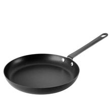 Black nonstick skillet with long handle and riveted head