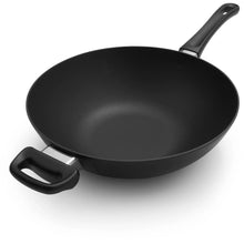 Nonstick wok with long handle and dual short side handles, black interior and rim.