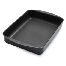 Black roasting pan with low sides and nonstick interior