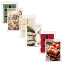 Assorted wax melt bars in clear plastic clamshells, including green, cream, and red