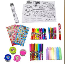 Scented activity set with drawing sheets, colored markers, crayons, and sticker circles