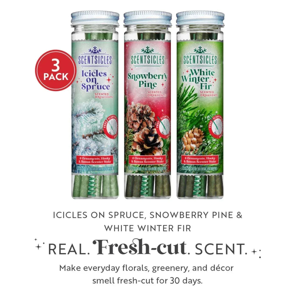 Scentsicles 3-Pack Scented Stick Ornaments - White Winter Fir, Snowberry Pine, and Icicles on Spruce - USA MEGA SHOP