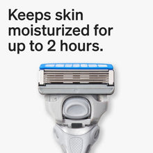 Schick Hydro 5-blade razor cartridge head with blue stripe, close-up on handle