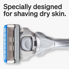 Schick Hydro 5-blade razor head on handle, cartridge blades exposed with blue strip