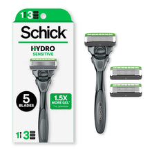 Schick Hydro Sensitive razor handle with 3 refill cartridges in green box