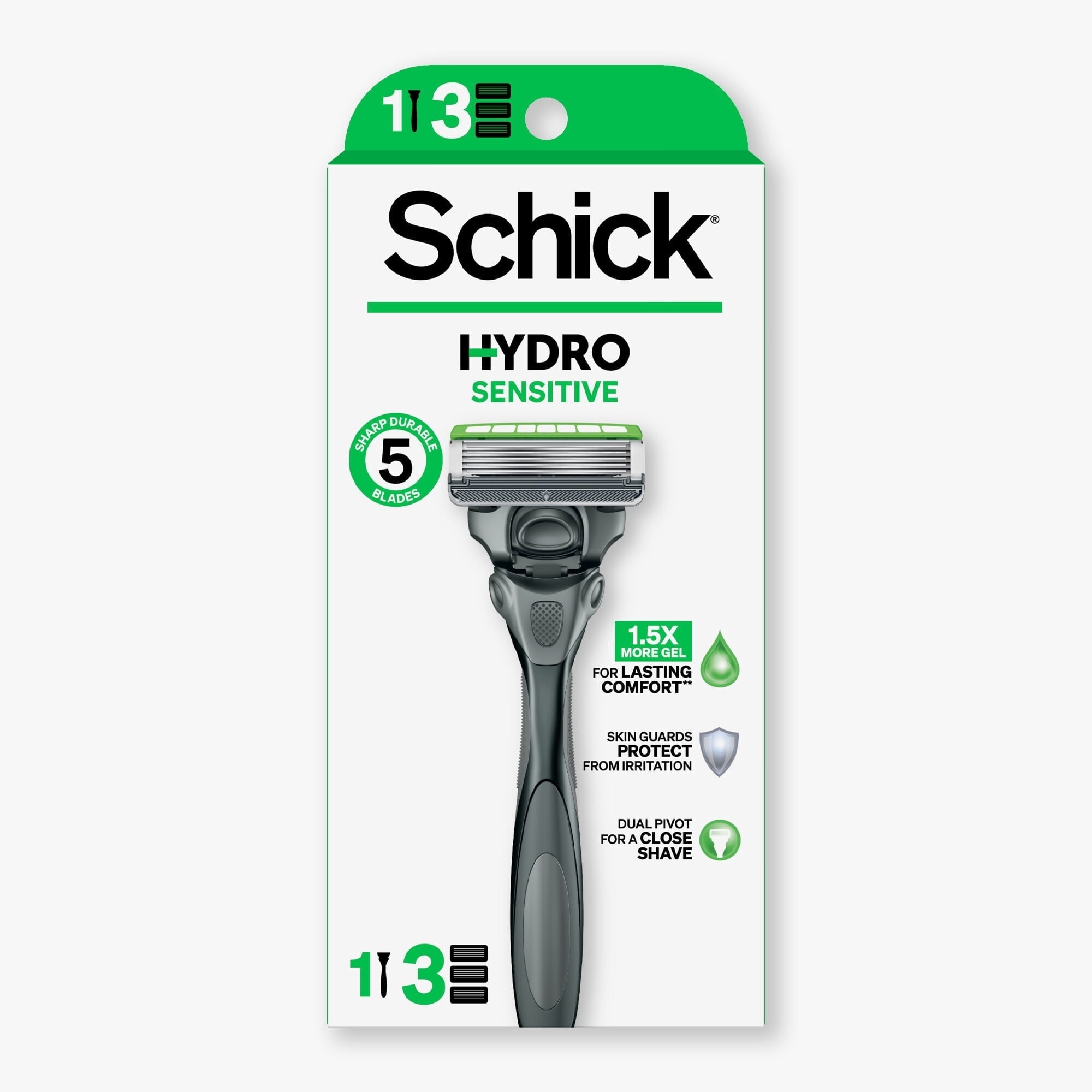 Schick Hydro Sensitive 5 Blade Razor for Men, 1 Razor Handle with 3 Refills