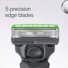 Shaving razor cartridge with 5 precision edge blades and green guard strip
